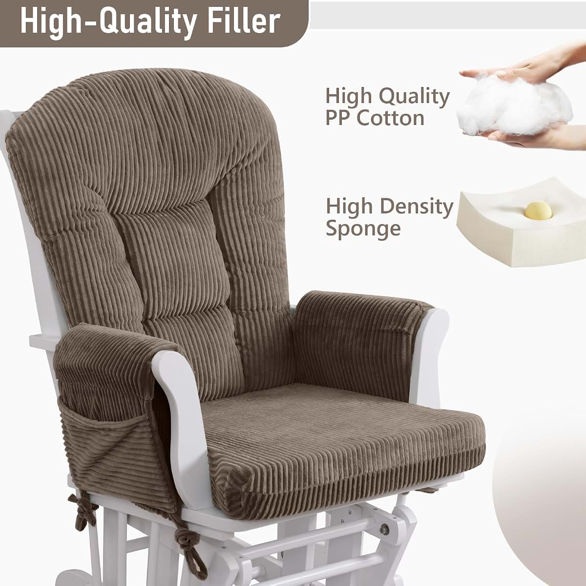 Boshen 5PCS Glider Rocker Replacement Cushions with Storage Side Pockets, Coffee (photo 4)
