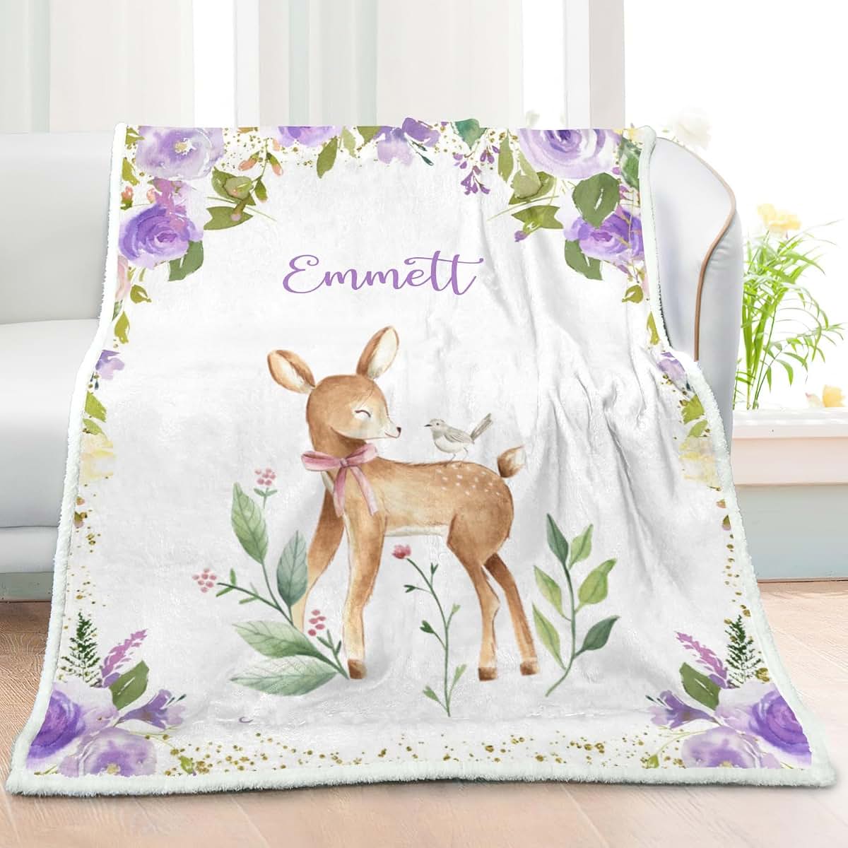 Nzoohy Personalized Floral Sherpa Fleece Baby Blanket (photo 2)
