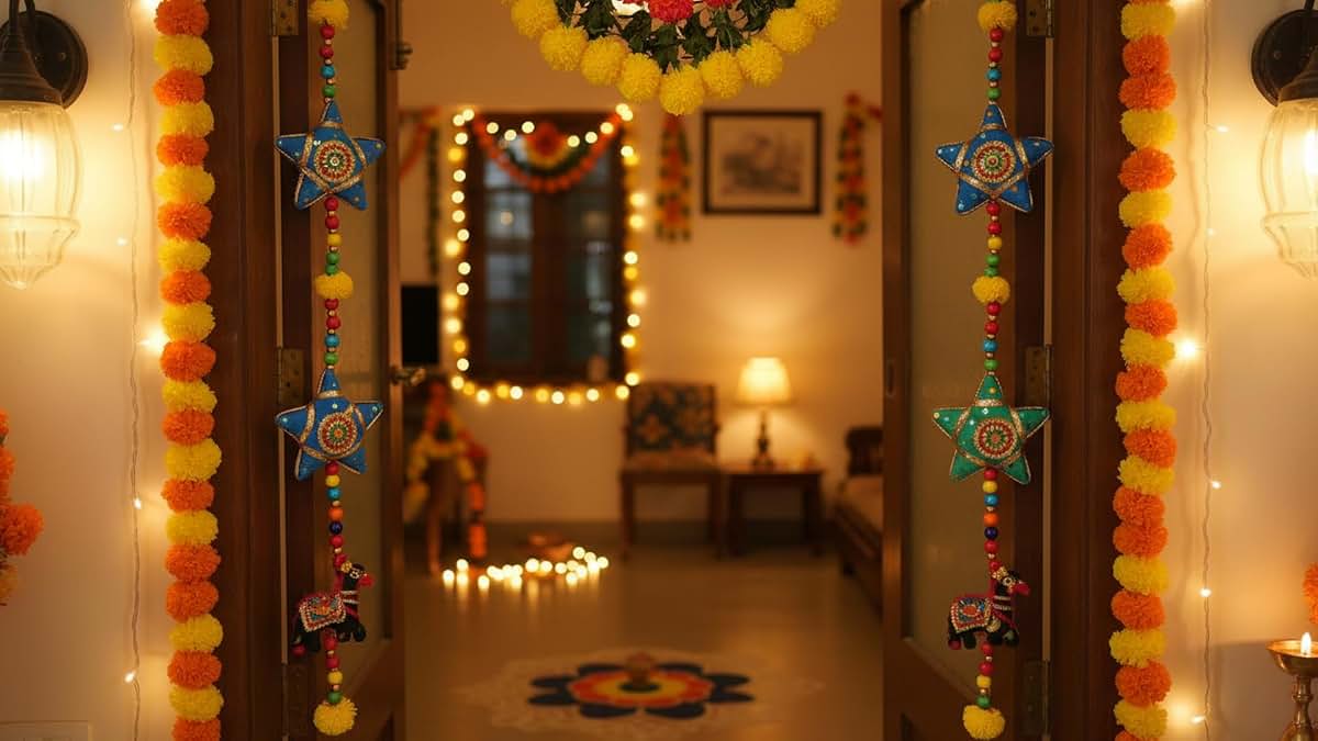 Crafts of India Handmade Moon and Stars Garland - 85 cm Beaded Wall Hanging with Bells