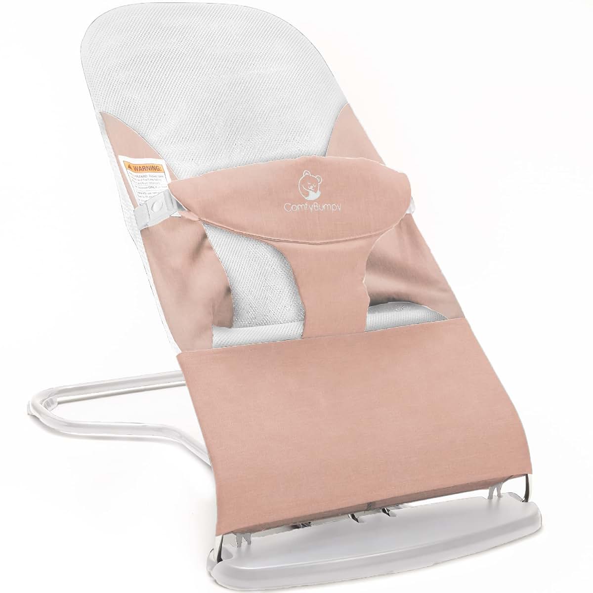 ComfyBumpy Baby Bouncer Seat, Organic Cotton & Breathable Mesh, 3-Position Foldable Portable Infant Bouncer with Carry Case (8-20lbs) Pink