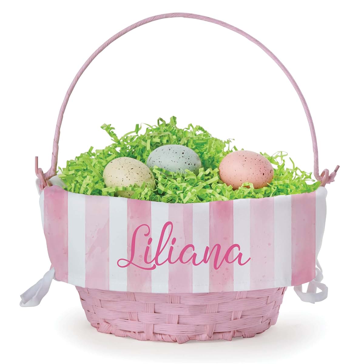 Personalized Planet Personalized Easter Egg Basket with Handle and Custom Name | Pink Striped Easter Basket Liners