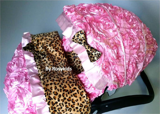 Rosy Kids Infant Car Seat Cover 4-Piece Set in Baby Pink Rosette and Cheetah Print