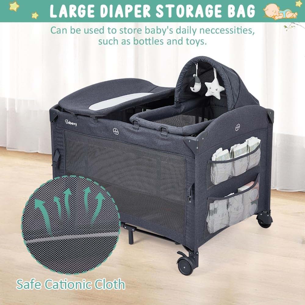 PeacefulHues 5 in 1 Pack and Play Bedside Sleeper with Bassinet, Diaper Changer & Hanging Toy, Portable Crib Nursery (photo 2)
