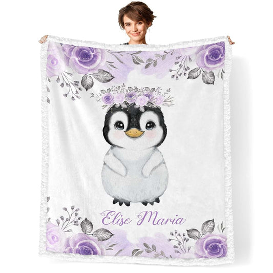 NZOOHY Crown Penguin Floral Personalized Sherpa Baby Blankets for Boys Girls,Soft Newborn Naps Custom Name Blanket for