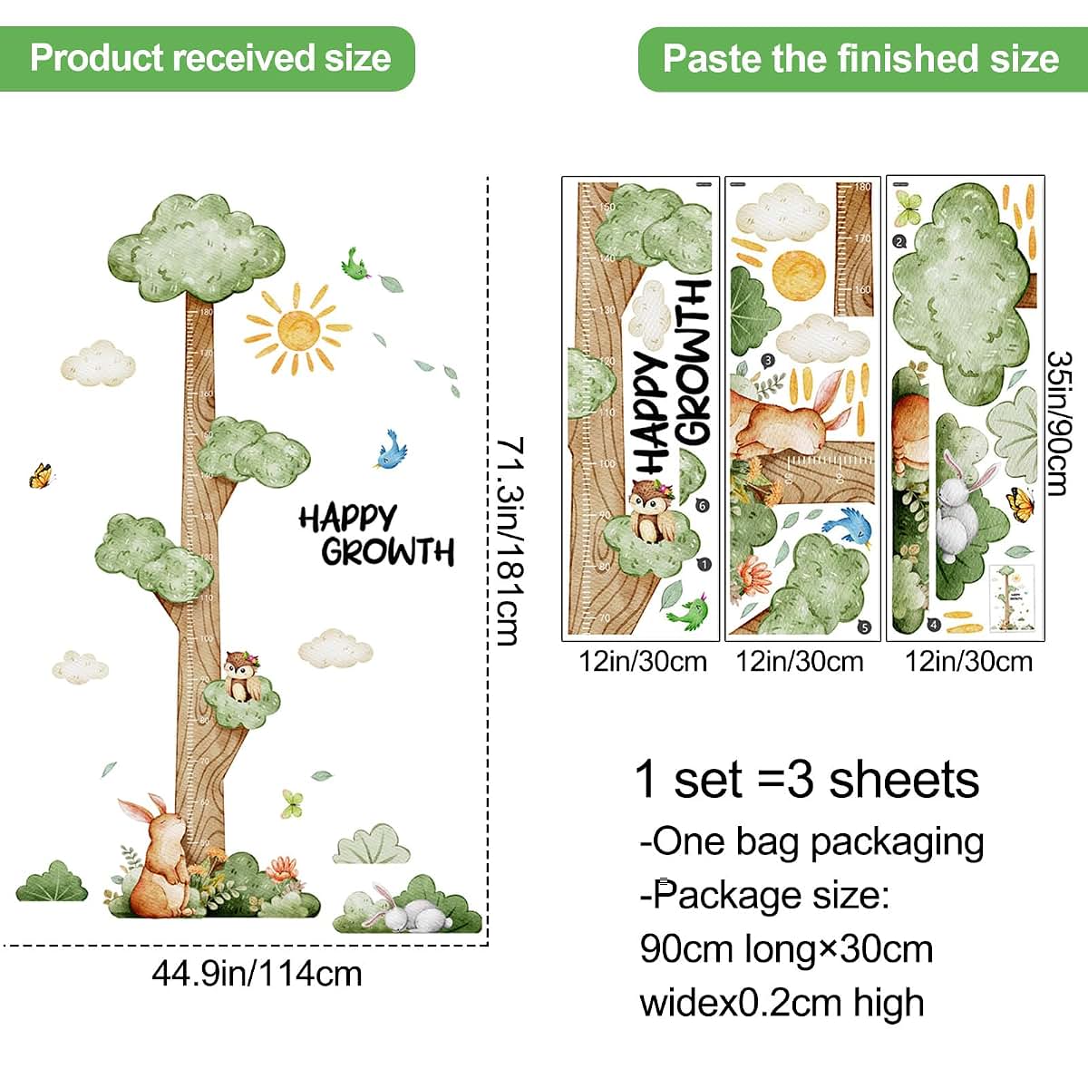 DRWSSR 3D Cartoon Height Growth Chart Wall Sticker for Kids, Jungle Animals PVC Removable
