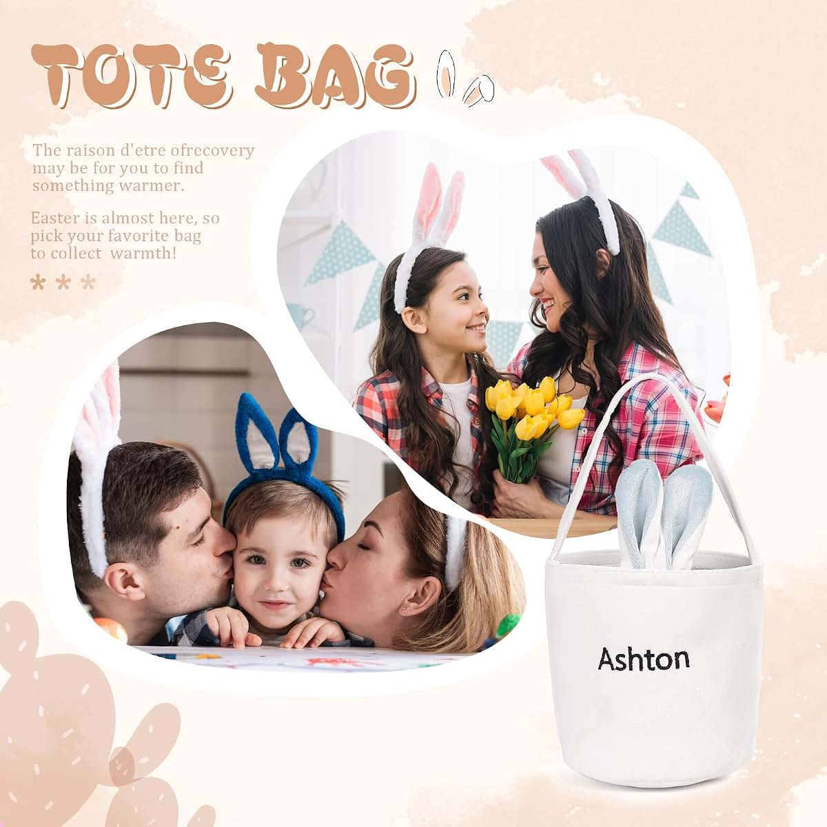 Dreamgem Personalized Bunny Ears Bucket Bag with Custom Name Photo-Easter Bag with Handle-Soft Egg Basket for Kids (photo 4)