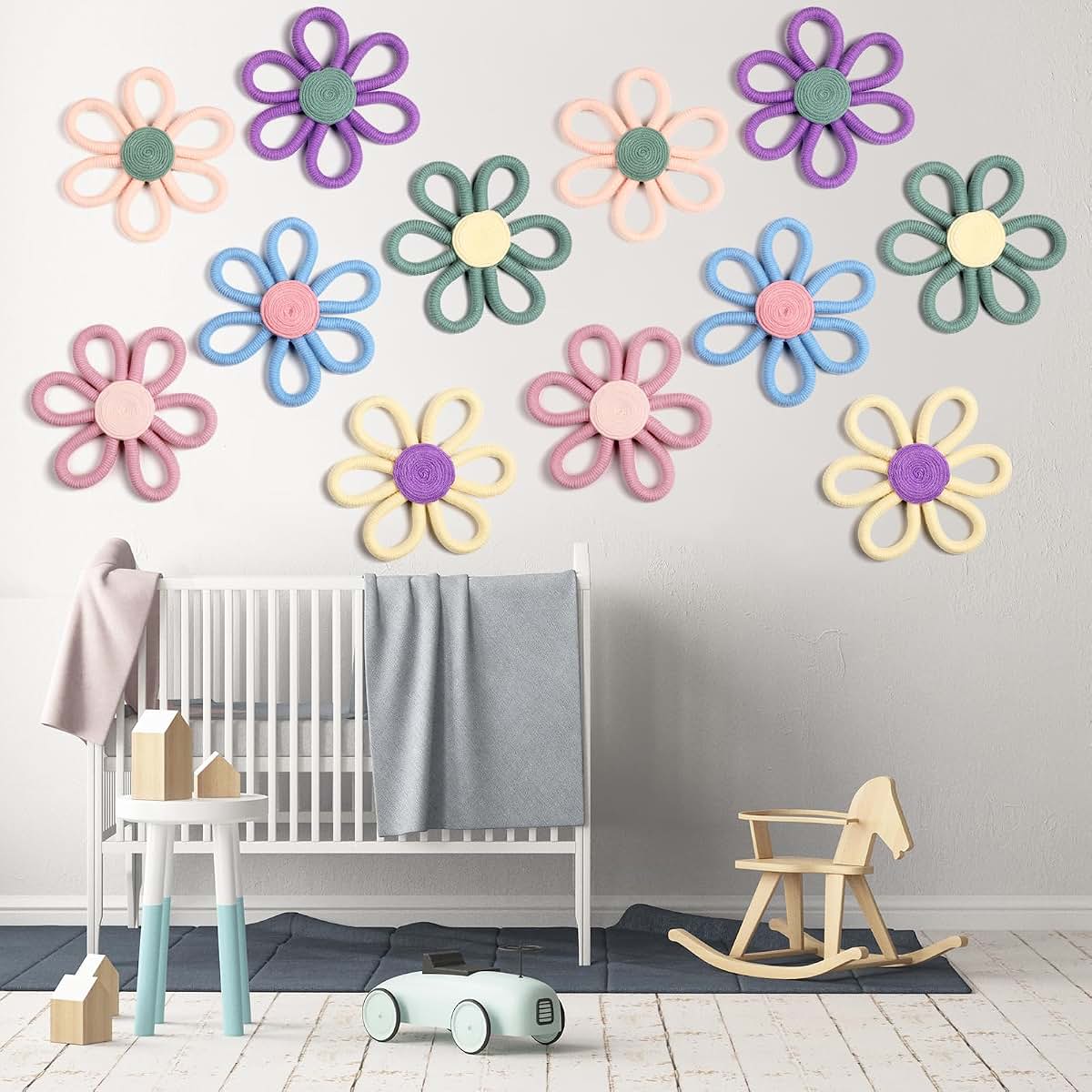 Ripeng 6 Pcs Boho Daisy Wall Art, 6 Inch Woven Macrame Nursery Decor, 6 Colors