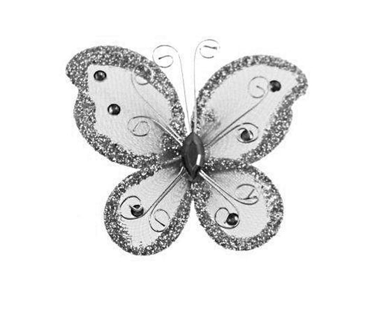 Party Favors Plus Silver Organza Nylon Butterfly Decorations, 24 Count (2 Inch)