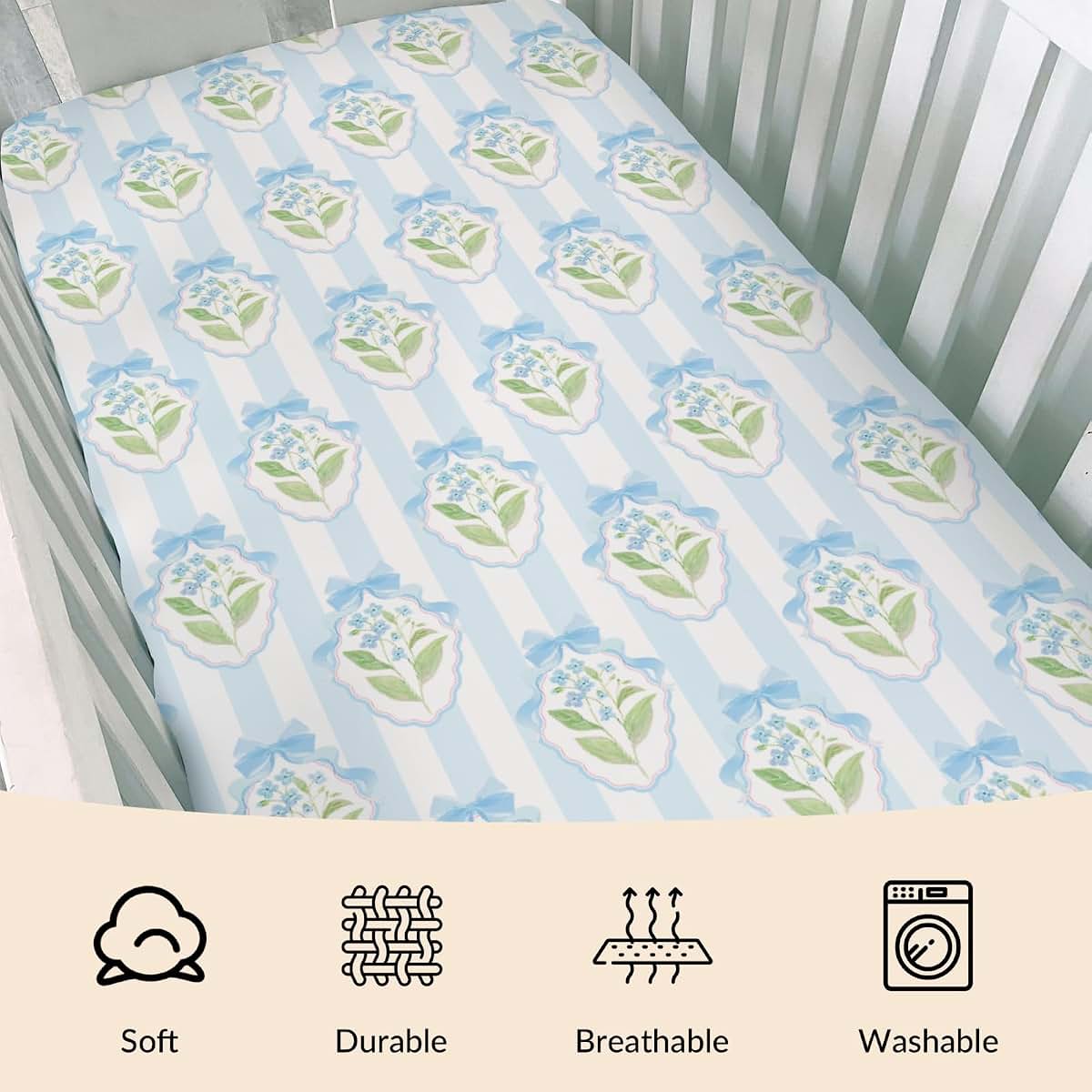 Cstdyfrv Pastel Flowers Bows Striped Baby Boys Girls Crib Sheets Pink Blue Hydrangea Floral Ribbon Bows Fitted Crib