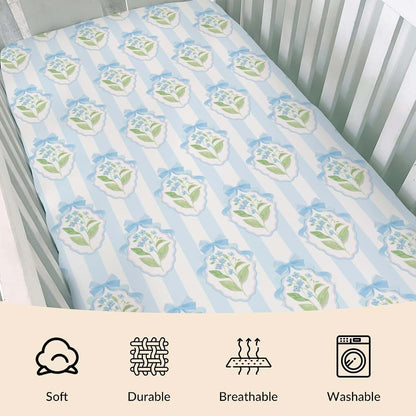 Cstdyfrv Pastel Flowers Bows Striped Baby Boys Girls Crib Sheets Pink Blue Hydrangea Floral Ribbon Bows Fitted Crib