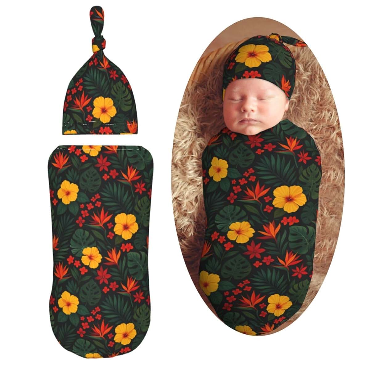 Muishi Yellow Hawaiian Tropical Flower Newborn Swaddle Blanket and Hat Set for 0-6 Months