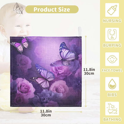Purple Flowers and Butterfly Cotton Washcloths for Newborn Bath Time