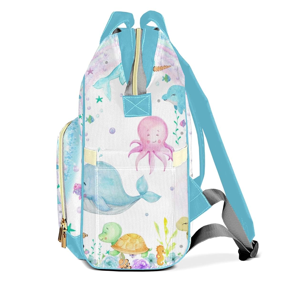 LiSoAkWE Under the Sea Fish Creatures Personalized Diaper Bag with Name,Customized Nappy Backpack with Thermal Pockets (photo 3)