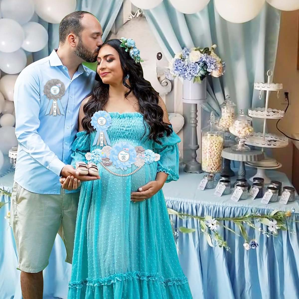 Joymemo Blue Gray Elephant Maternity Sash Kit With Corsage Pins