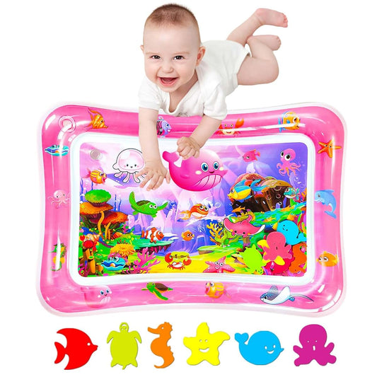 ZHUYNXIR Tummy Time Water Play Mat for Babies 3-24 Months, Inflatable PVC with Floating Toys, Pink, 27.5 x 20 in