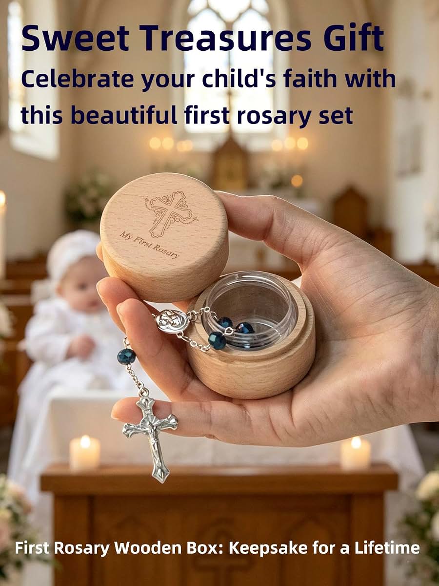 iwoohome Baptism Gifts for Baby Girl, My First Rosary Wood Keepsake Box +Pink Rosary (photo 2)