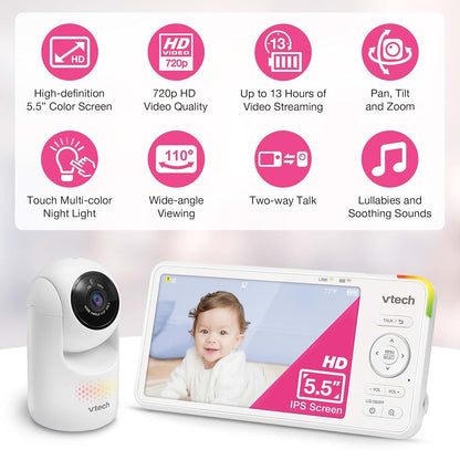 VTech Video Baby Monitor No WiFi 5.5 Inch HD IPS Screen Pan Tilt Zoom