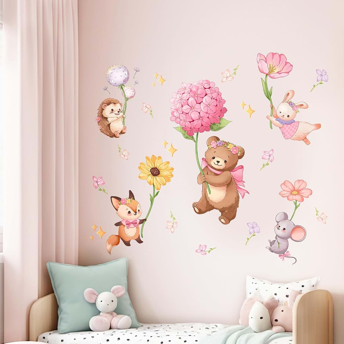 Decvictor Pink Cartoon Animal Wall Decals for Girls Bedroom