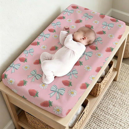 S2tMhb Strawberry Pattern Changing Pad Cover Liner for Girl Boy,Bows Daisies Theme Snug Fitted Diaper Table Covers for (photo 2)