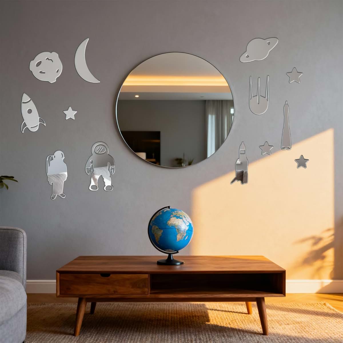 Astronaut Space Rocket Mirror Wall Decal Stickers 14Pcs 3D Acrylic Silver