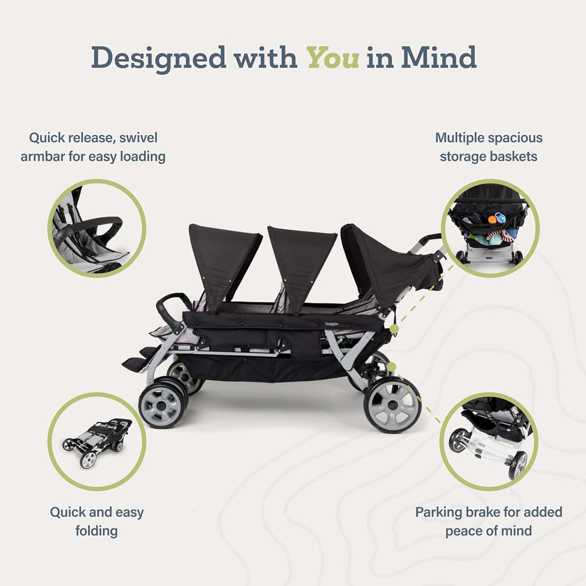 Gaggle Jamboree 6 Seat Foldable Multi-Child Stroller, Black