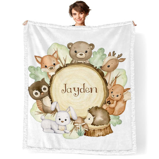 NZOOHY Woodland Animals Personalized Sherpa Baby Blankets for Boys Girls,Soft Newborn Naps Custom Name Blanket for