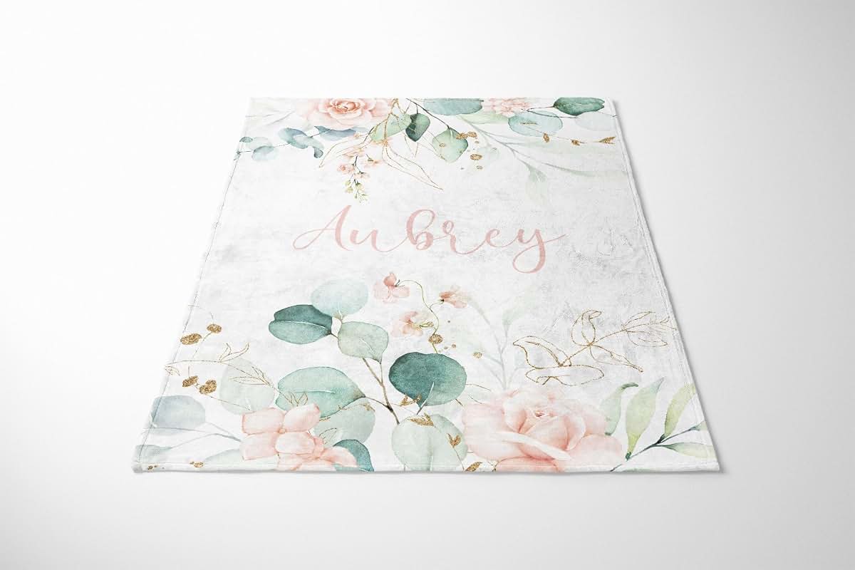 UnoCo Personalized Eucalyptus Baby Blanket, Baby Girl Blanket, Pink Floral Blanket, Eucalyptus Nursery, Floral Crib (photo 2)