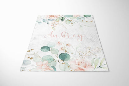 UnoCo Personalized Eucalyptus Baby Blanket, Baby Girl Blanket, Pink Floral Blanket, Eucalyptus Nursery, Floral Crib (photo 2)
