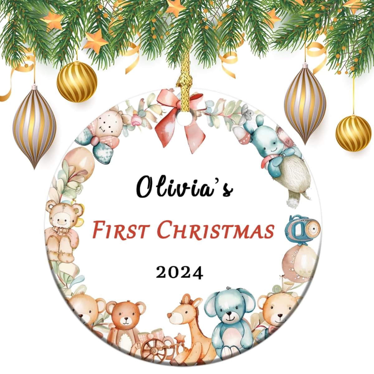 Bdbacxas Personalized Baby First Christmas Ornament,Custom Toy Wreath Baby's 1st Christmas Tree Decor Round Ceramic (photo 3)