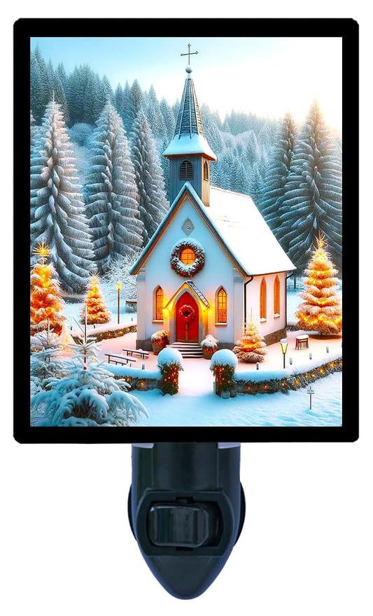 Night Light Designs LED Night Light, Silent Night Chapel – Christmas Church Design, Fully Enclosed, Rotating Plug