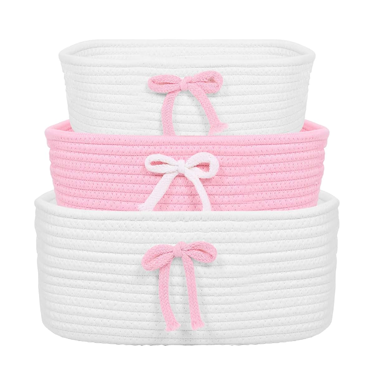 XYTZHSAI 3-Piece Pink Bow Cotton Rope Storage Baskets Set