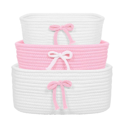 XYTZHSAI 3-Piece Pink Bow Cotton Rope Storage Baskets Set