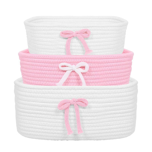 XYTZHSAI 3-Piece Pink Bow Cotton Rope Storage Baskets Set