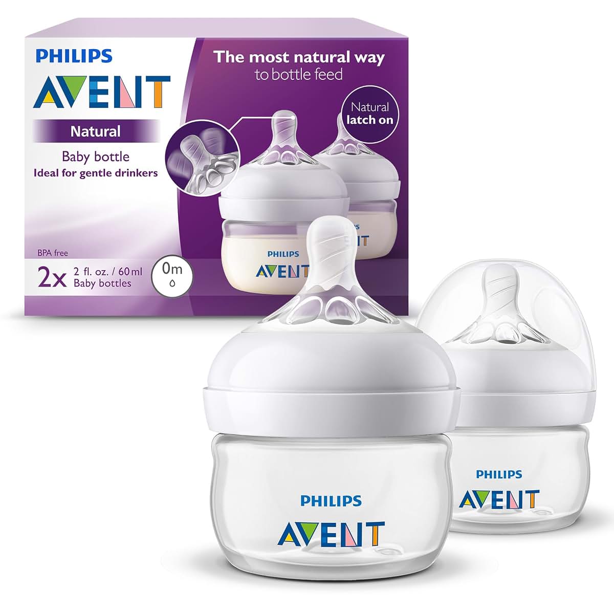 Philips Avent Natural Baby Bottle 2oz First Flow 2-Pack