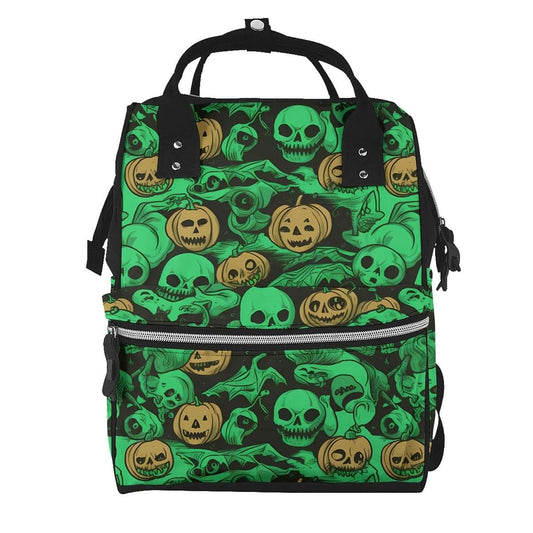 JTRKN Green Ghost Horror Halloween Pumpkin Print Large Capacity Diaper Bag Backpack