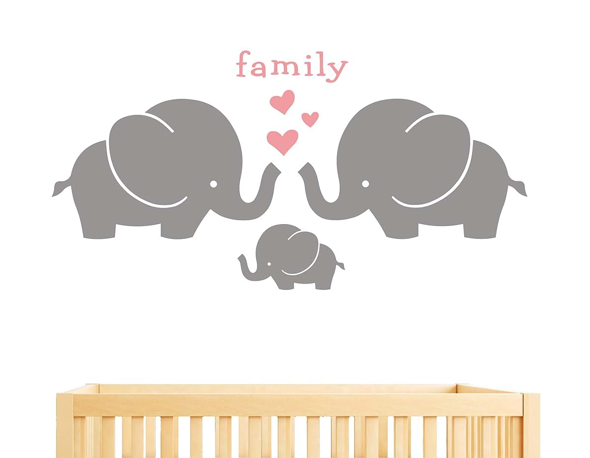 GESTYZ Elephant Family Wall Decal Vinyl Wall Stickers Gray Soft Pink
