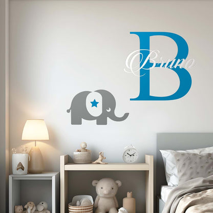 Cryptonite Personalized Name Elephant And Initial Baby Girl Wall Decal Nursery
