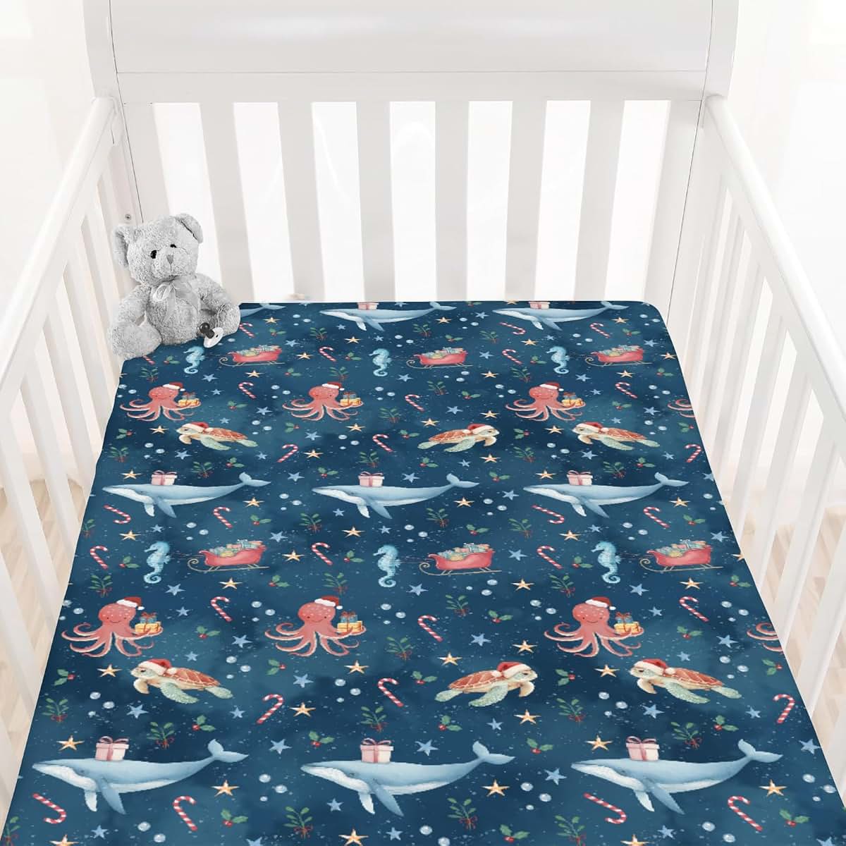 Cstdyfrv Christmas Sea Animals Baby Crib Sheets Coastal Whale Turtle Sea Horse Santa Hat Gifts Baby Sheet Winter (photo 2)