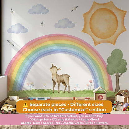 LALACORNE Boho Rainbow Wall Decal Set with Deer, Sun, Clouds, Tree, Grass & Birds – Watercolor Woodland Nursery Wall