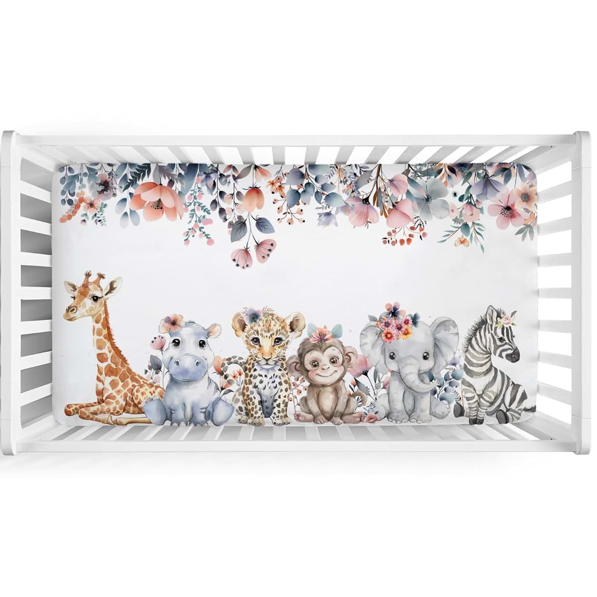 Jungle Safari Animals Boho Floral Baby Crib Sheet 52x28 Inch