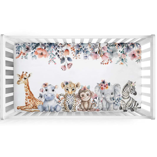 Jungle Safari Animals Boho Floral Baby Crib Sheet 52x28 Inch