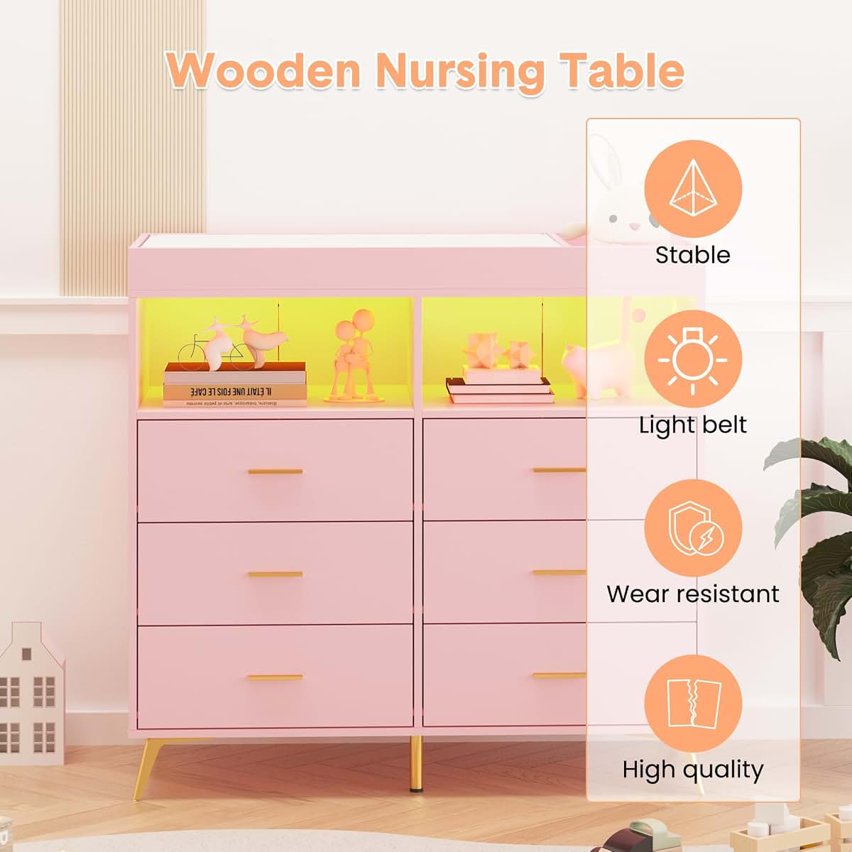 Jojoka 6 Drawers Wooden Changing Table Dresser with Soft Night Light (photo 3)