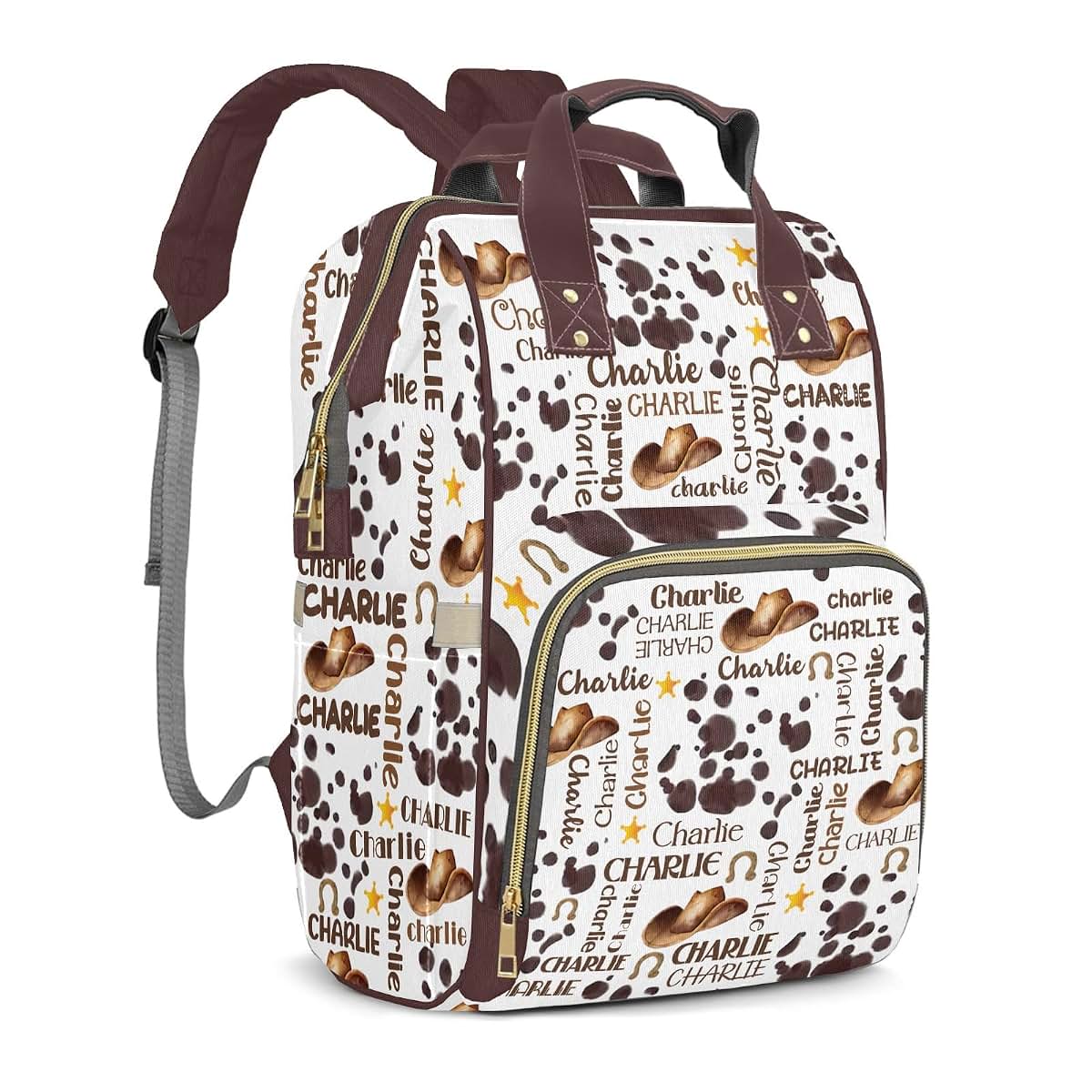 LiSoAkWE Rodeo Hat Print Cow Personalized Diaper Bag Backpack with Name,Customized Nappy Backpack for Baby Girls (photo 2)