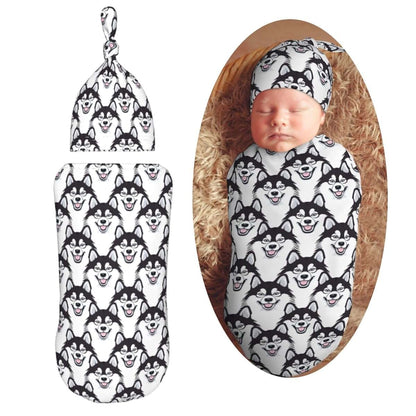 Muishi Cute Happy Husky Swaddle Blanket and Hat Set