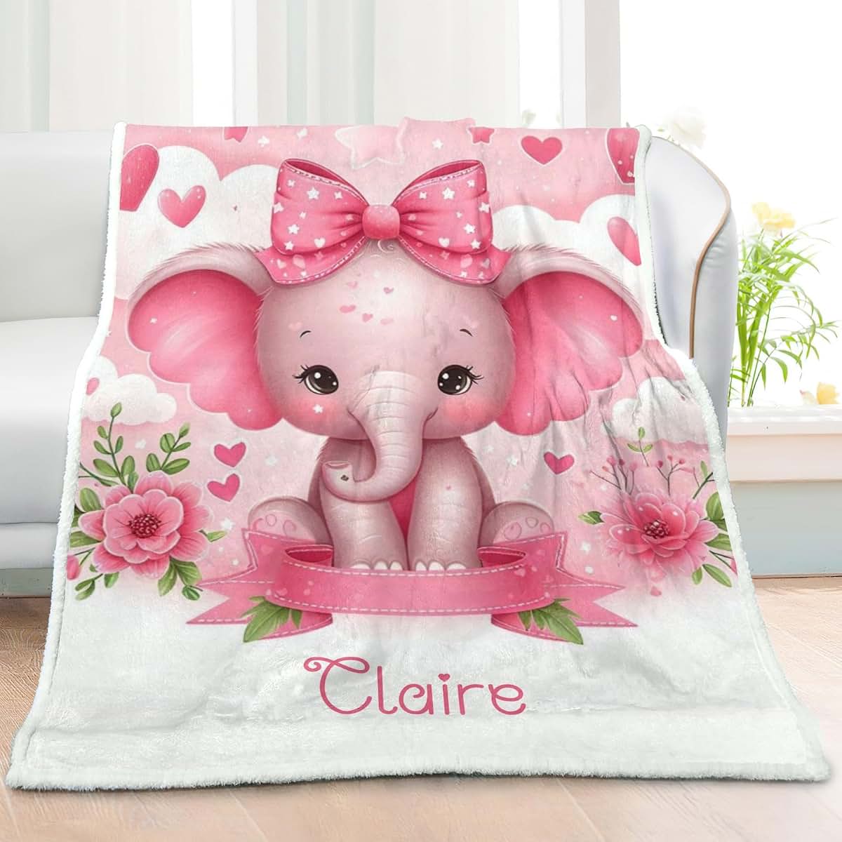 NZOOHY Girl Elephant Flower Personalized Sherpa Baby Blankets for Boys Girls,Soft Newborn Naps Custom Name Blanket for (photo 2)