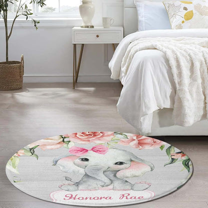 Joyestore Personalized Pink Girl Elephant Flower Custom Round Area Rug Baby Crawling Floor Mats Gifts for Boys Girls
