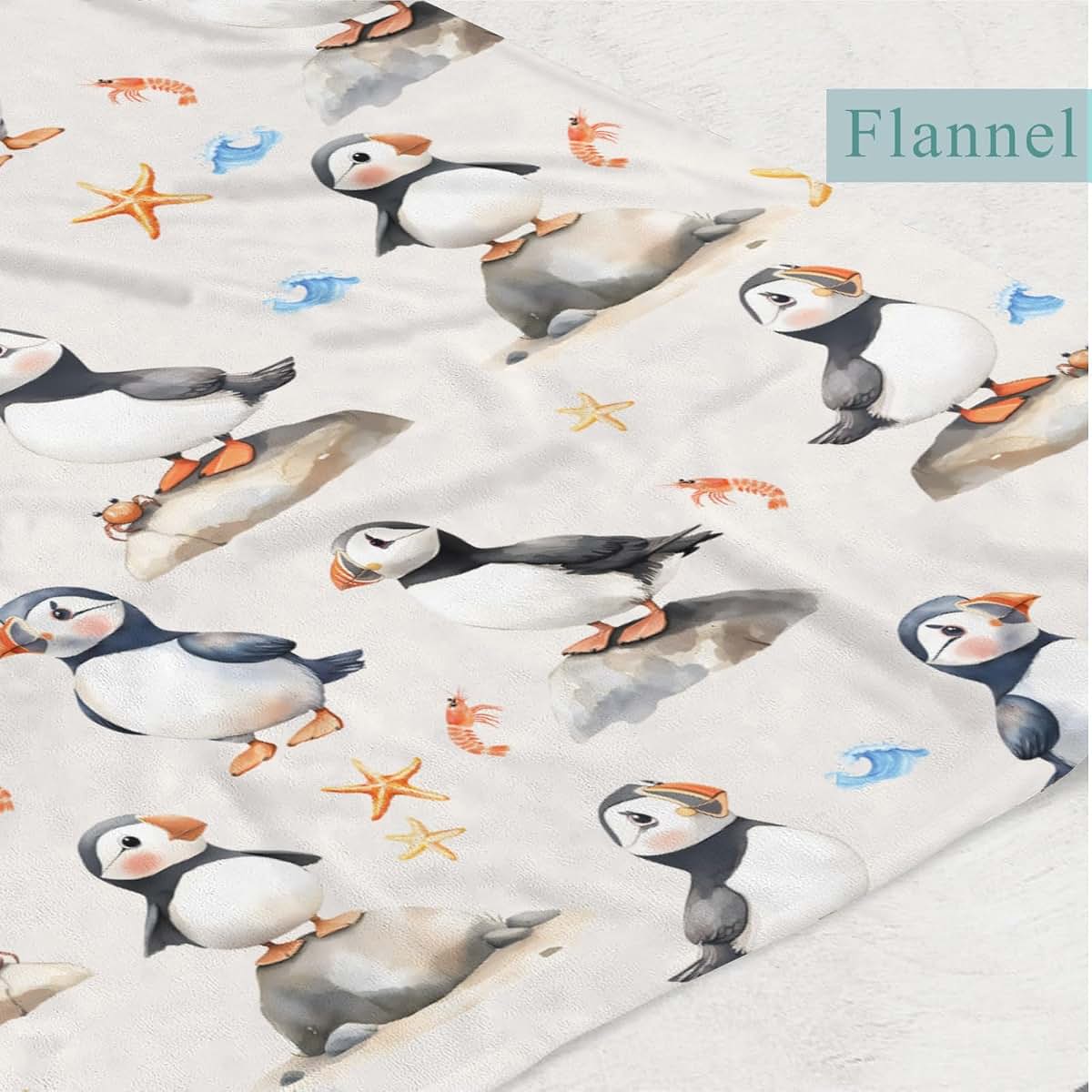 Wicbfdfv Cute Puffins Crabs Shrimp Starfish Baby Boy Girl Blankets Sea Waves Bird Animals Flannel Fleece Blanket (photo 3)