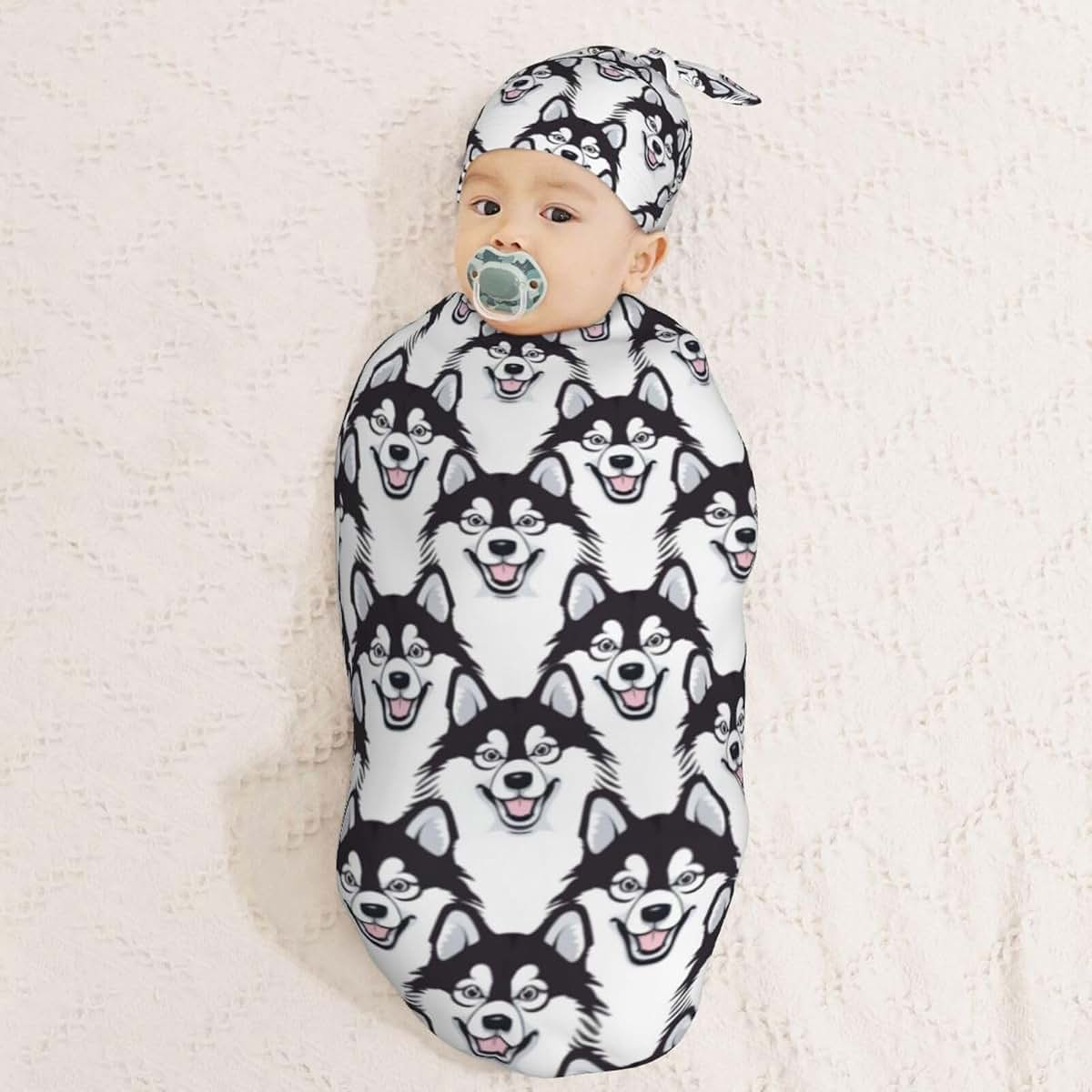 Muishi Cute Happy Husky Swaddle Blanket and Hat Set