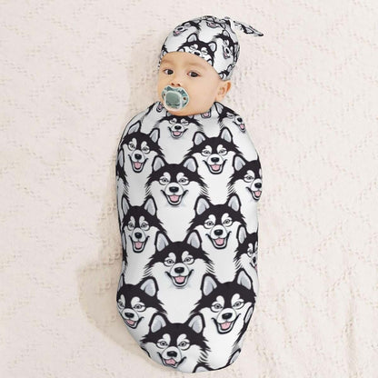 Muishi Cute Happy Husky Swaddle Blanket and Hat Set