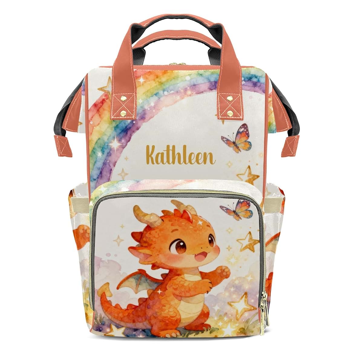 YallLocoMo Personalized Diaper Bag Backpack Name Cute Watercolor Dragon Multifunction Travel Backpack Nappy Bag Daypack